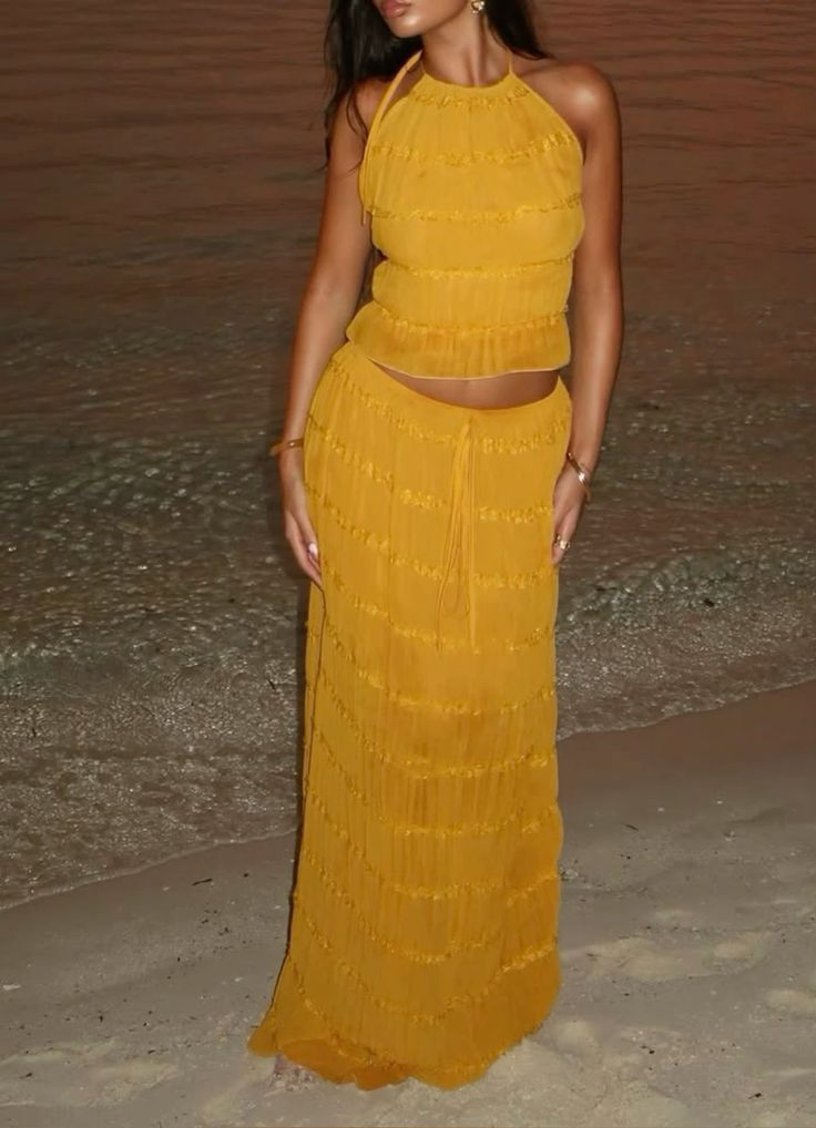 Sexy Halter Chiffon Backless Party Dress,Orange Long Vacation Dresses Two Piece S185