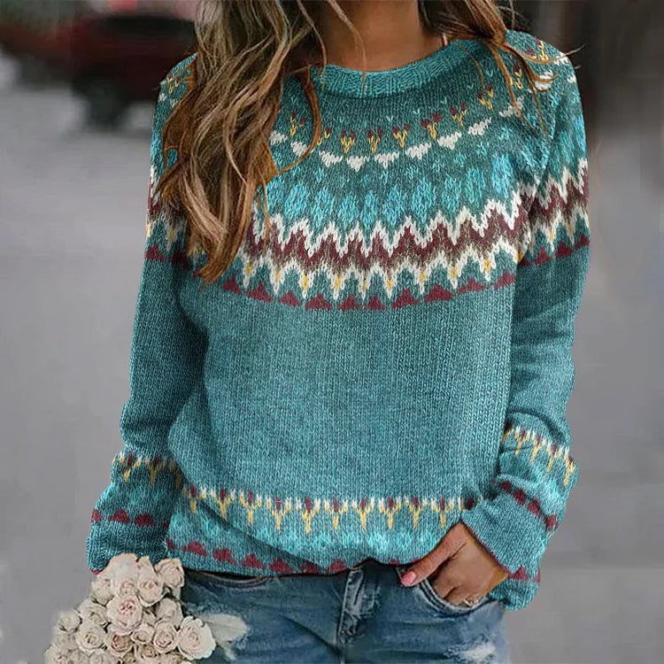 Fair Isle Crew Neck Long Sleeve Knit Sweater 2