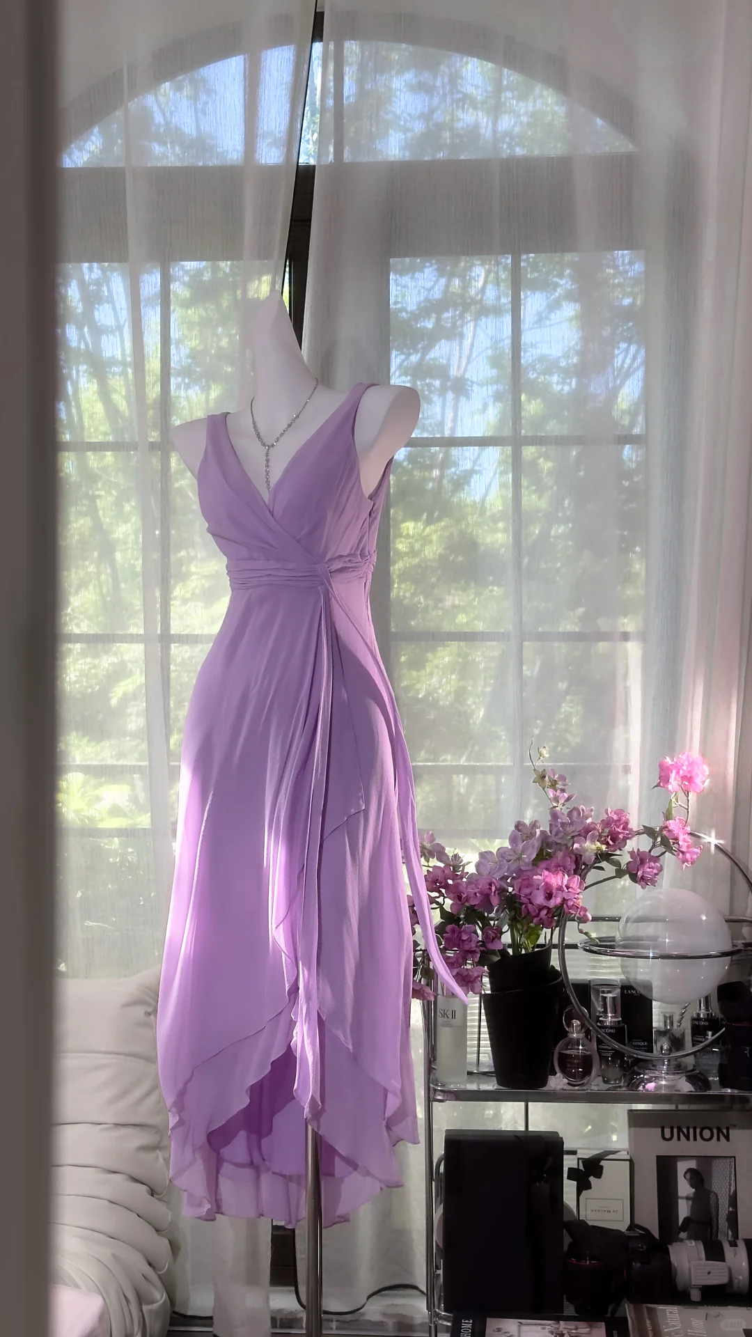 Classy V Neck Lilac Chiffon Long Prom Dress Party Dress D863