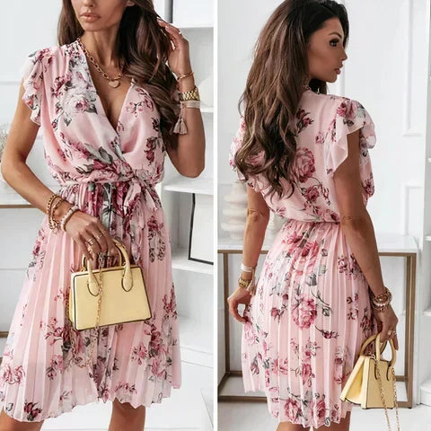 Floral Print Wrap V-Neck Ruffle Sleeve Tie Waist Pleated Midi Dress - View 3