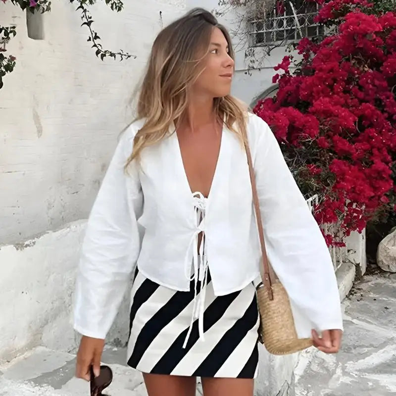 Green Linen Lace-Up Long Sleeve V-neck Blouse