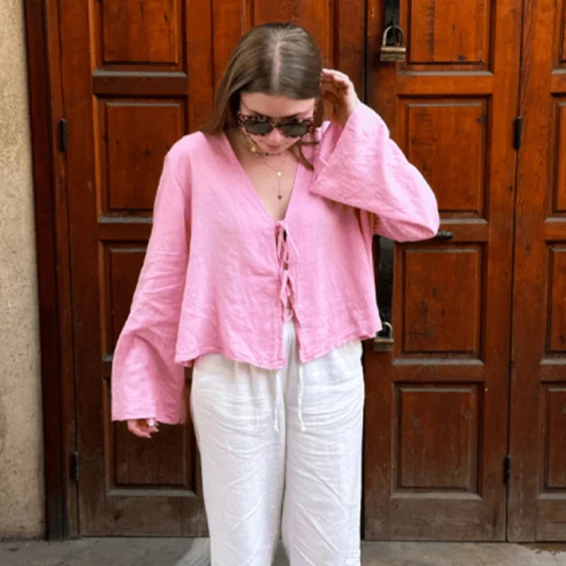 Green Linen Lace-Up Long Sleeve V-neck Blouse