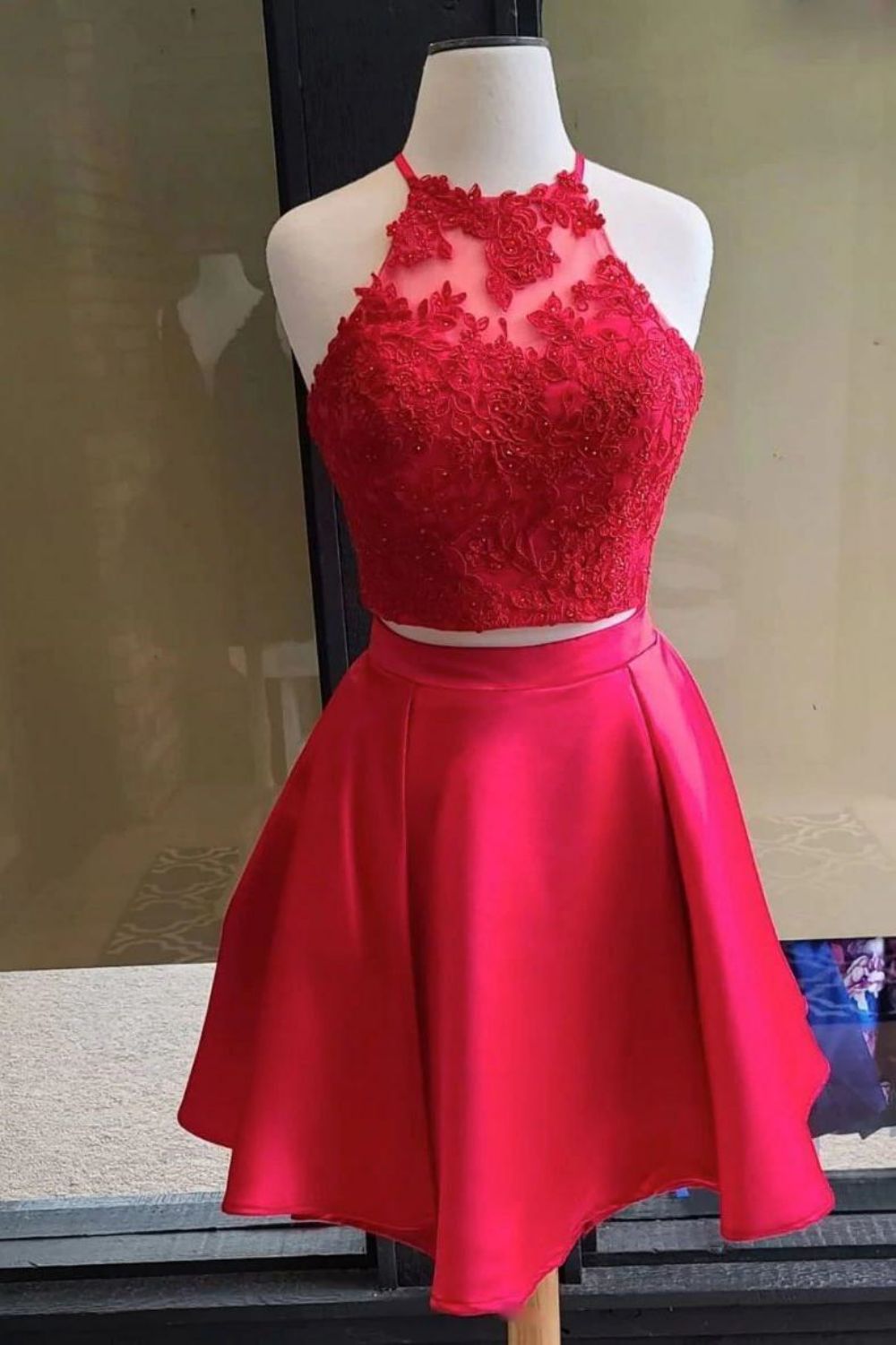 A Line Halter Lace Top beading Homecoming Dress - Fashionpara