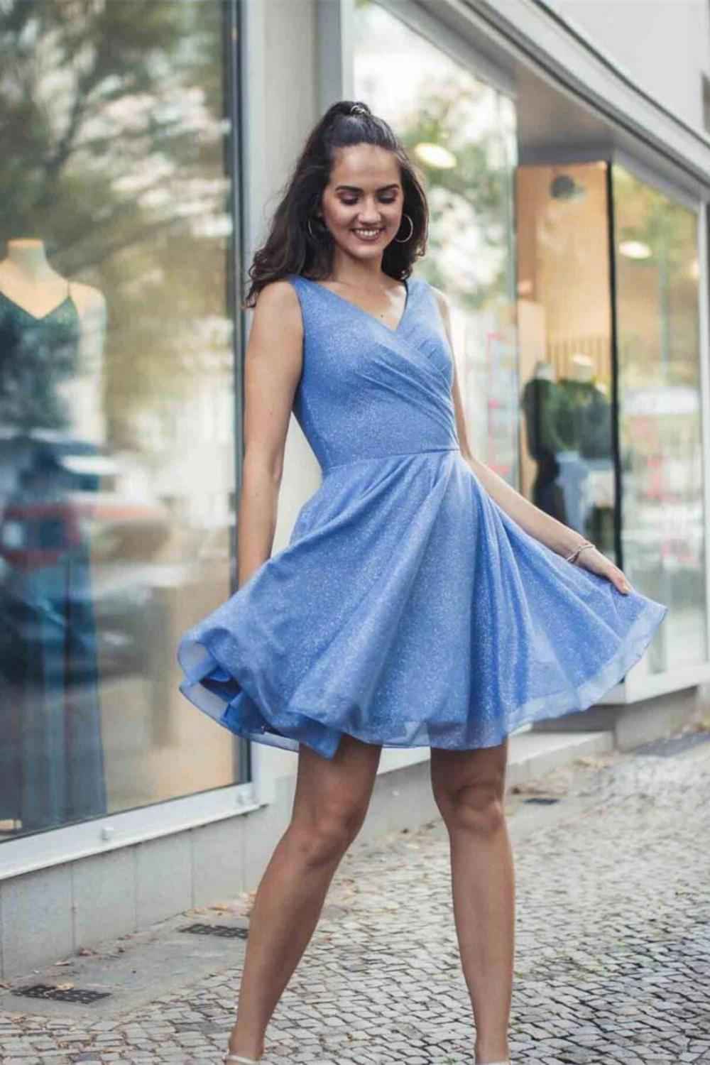 A Line V Neck Mini Homecoming Dress With Pleat - Fashionpara