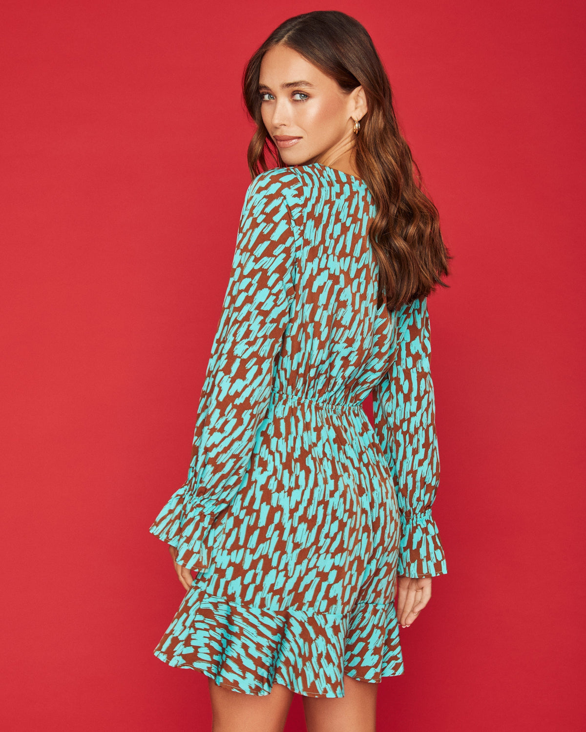 Printed Long Sleeve Ruffle Hem Fit & Flare Mini Dress
