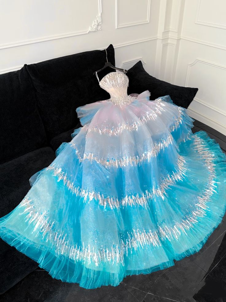 Gorgeous Ombre Blue Tulle Sequin Mermaid Evening Dress Long Party Dress D1343