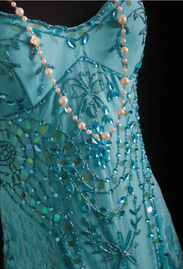 Sparkly Spaghetti Straps Blue Lace Beaded Mermaid Long Party Dress Birthday Prom Dresses D1664