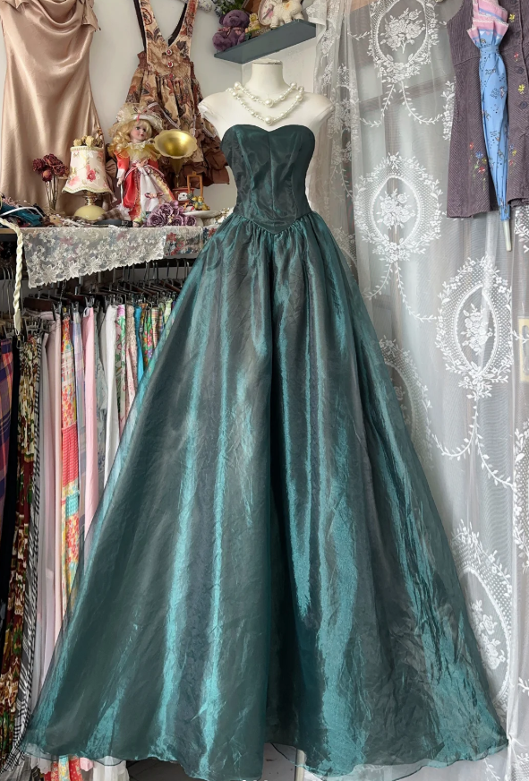 Vintage Strapless Dark Green Organza Ball Gown Long Evening Dress D1290