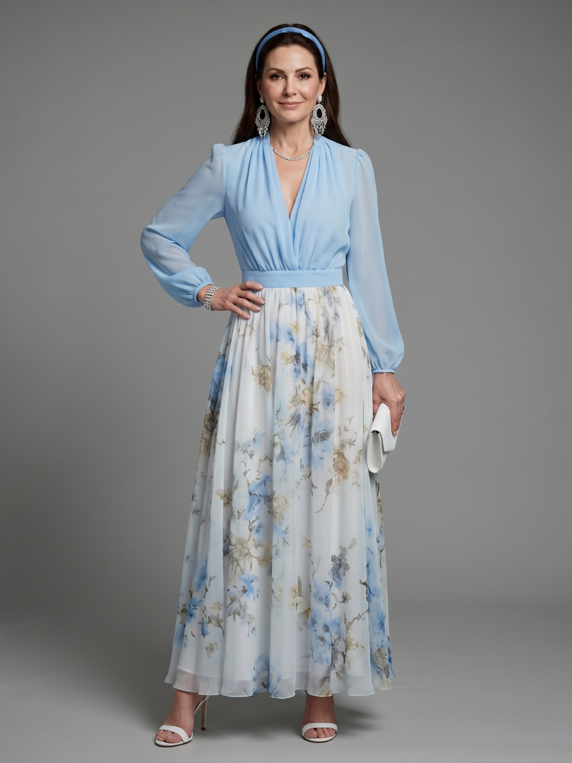 V-Neck Long Sleeve Floral Chiffon Maxi Dress