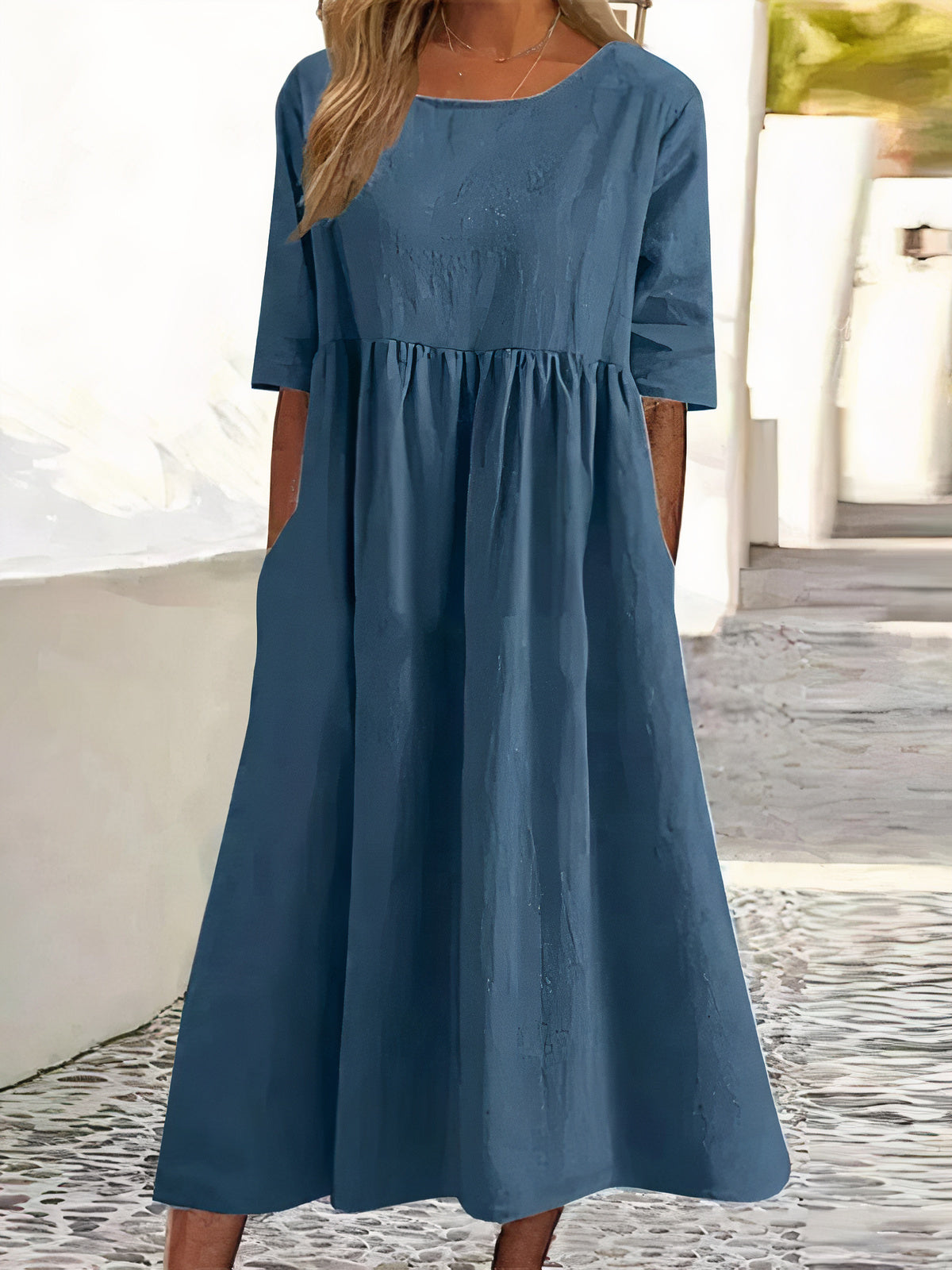 Round Neck Short Sleeve Empire Waist Side Pocket Gathered Midi Dress - View 6
