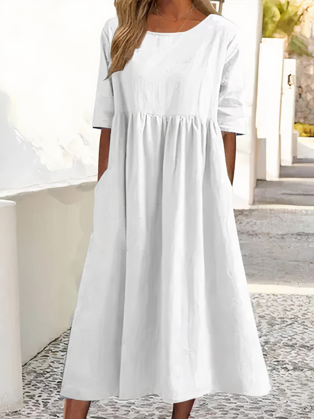 Round Neck Short Sleeve Empire Waist Side Pocket Gathered Midi Dress