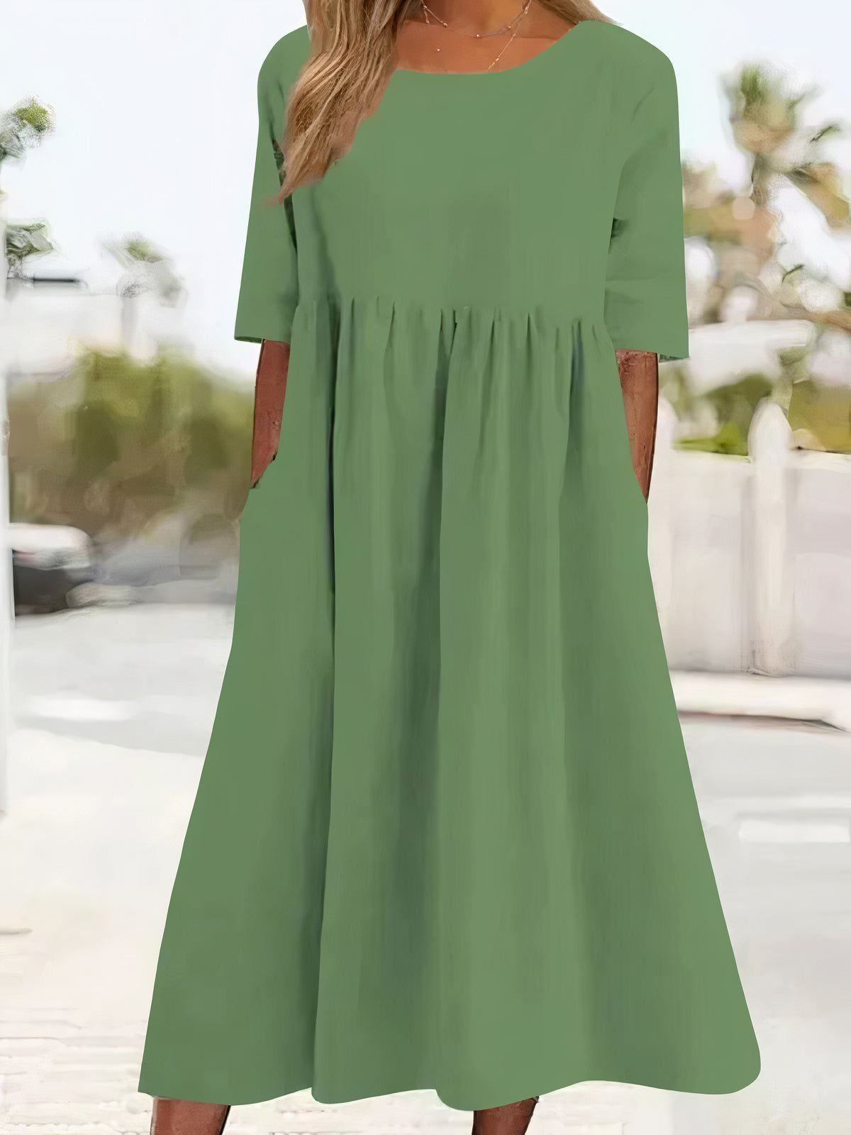 Round Neck Short Sleeve Empire Waist Side Pocket Gathered Midi Dress - View 5