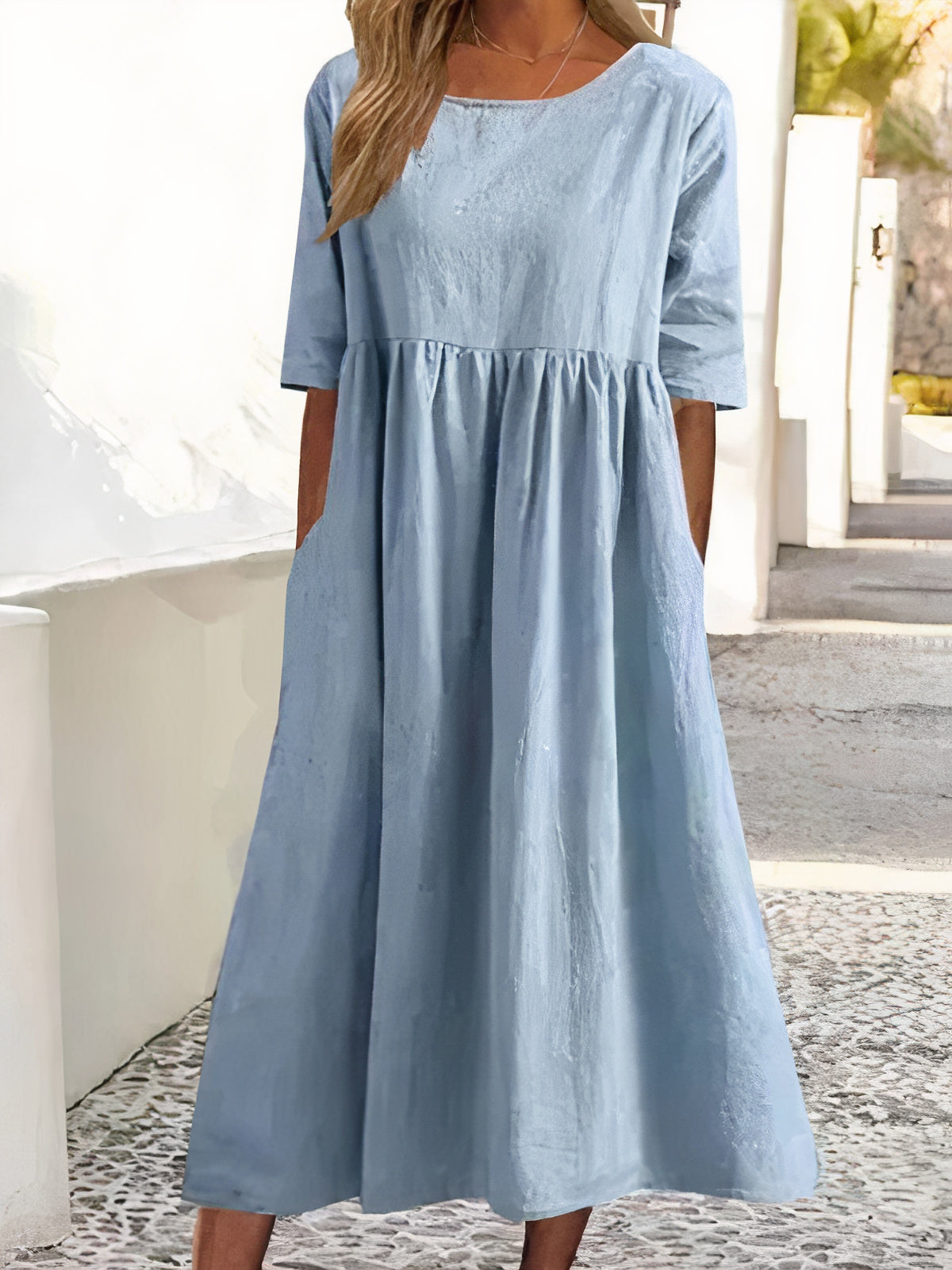 Round Neck Short Sleeve Empire Waist Side Pocket Gathered Midi Dress - View 7