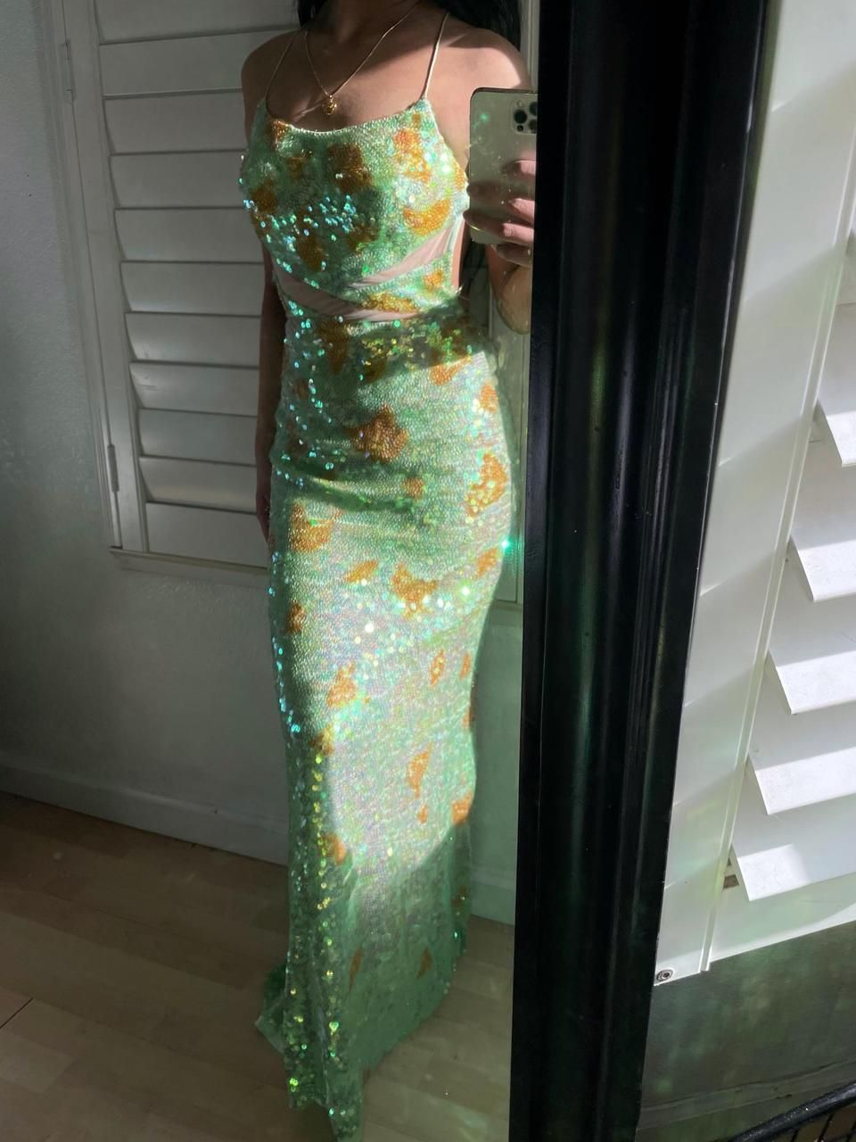 Shiny Spaghetti Straps Mint Green Sequin Mermaid Evening Gown Long Party Dress D876