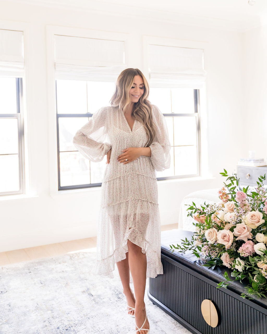 Speckled V-Neck Puff Sleeve Tiered High-Low Midi Dress