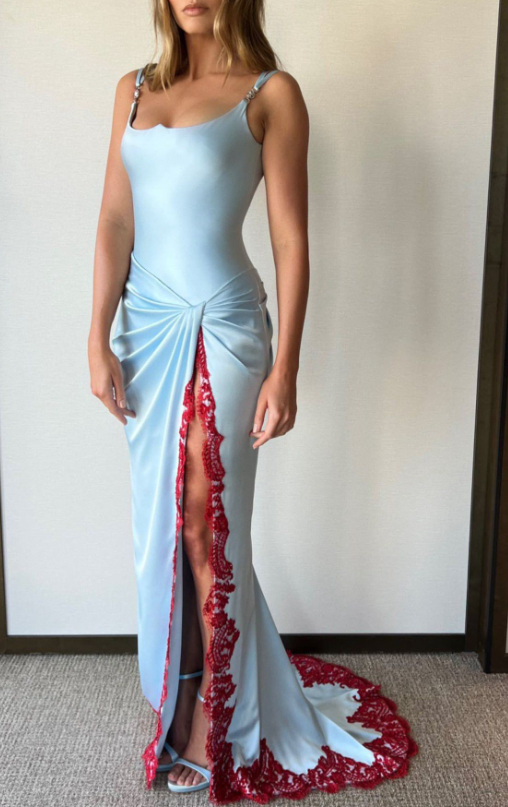 Stylish Blue Spaghetti Straps Satin Pleated Lace Mermaid Evening Dress Long Birthday Prom Dress D1064