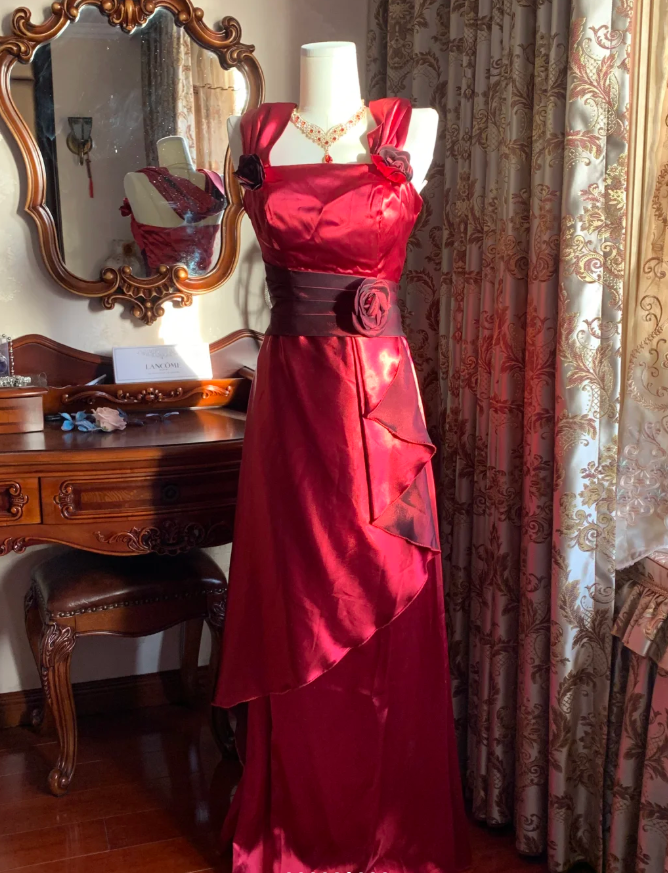 Stylish Burgundy Satin Ruffles Long Party Dress Evening Gown D1777