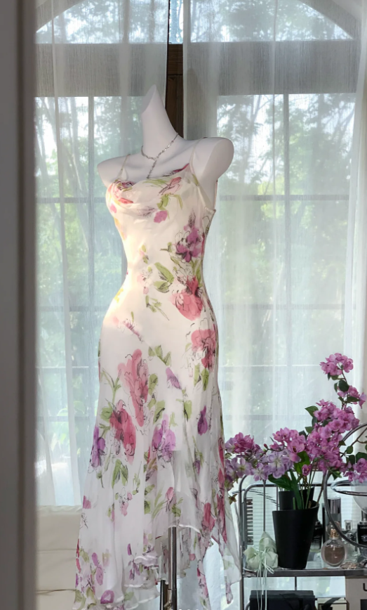 Pretty Spaghetti Straps Chiffon Print Floral Mermaid Evening Dress Long Party Dress D1311