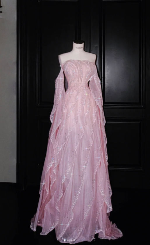 Glamorous Off The Shoulder Pink Chiffon Ruffles Sequin Beaded Long Party Dress Birthday Prom Dress D1217