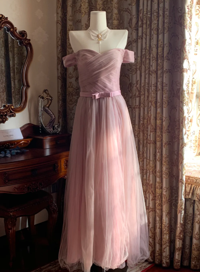 Sweet Pink Off The Shoulder Tulle A Line Long Birthday Party Dress Formal Wedding Guest Dress D1712