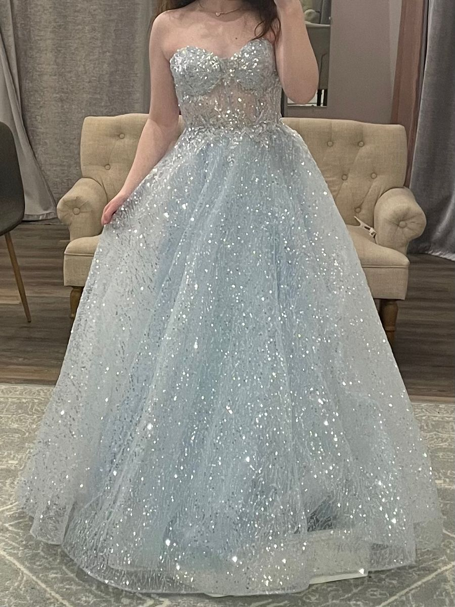Sparkly Sweetheart Neck Tulle Sequin Blue Long Birthday Party Dress Prom Gown D1183