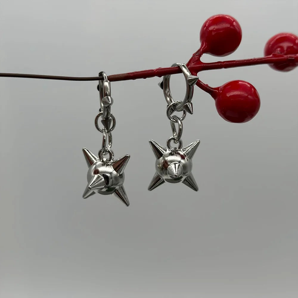 Dark Spiky Sphere Rivet Hoop Dangle Earring
