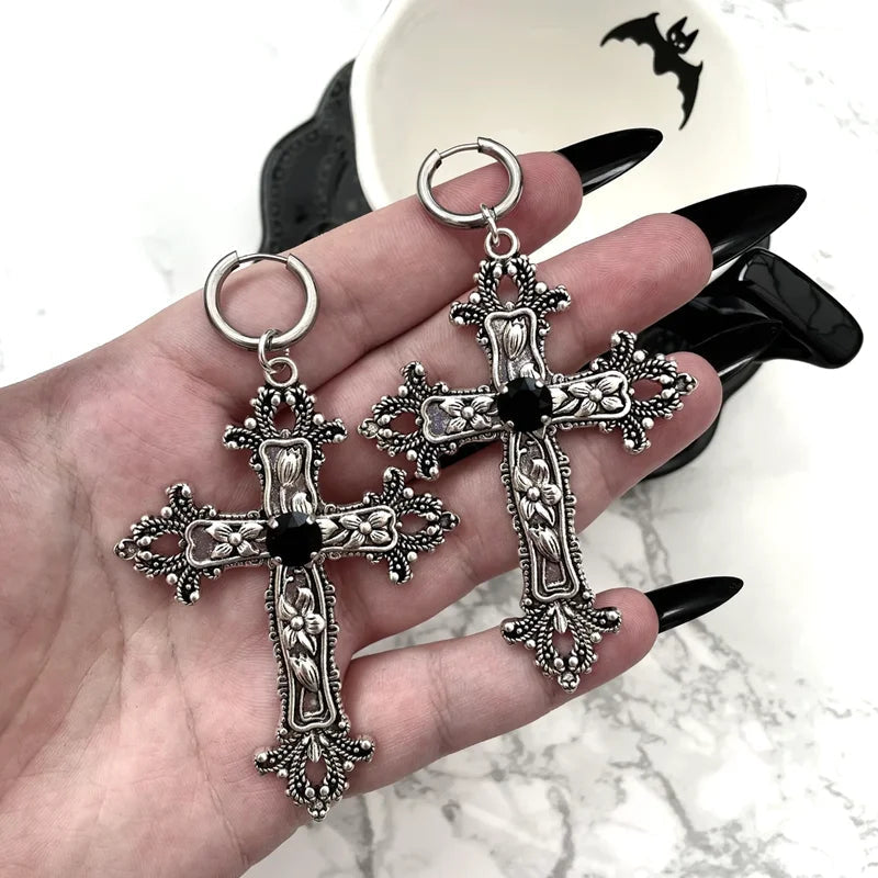 Dark Silver Gem Cross Marriage Declaration Earring