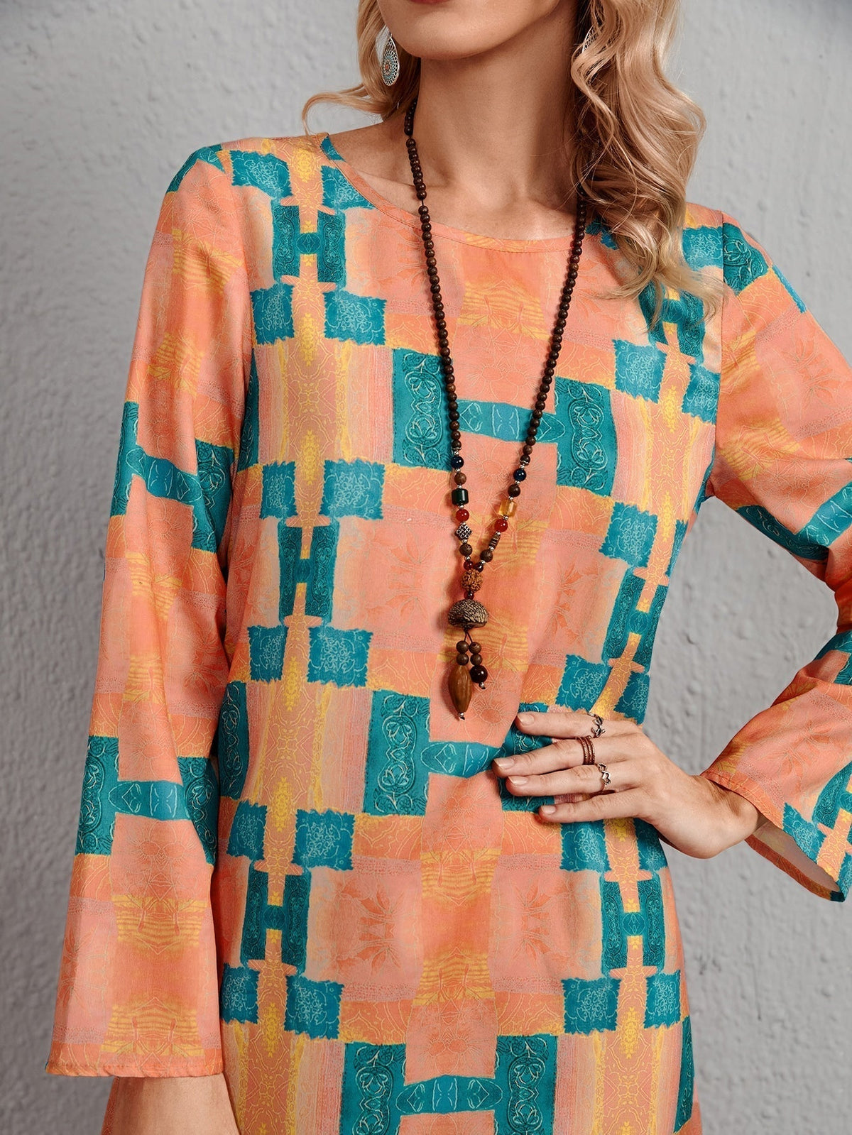 Geometric Print Long Sleeve Shift Midi Dress