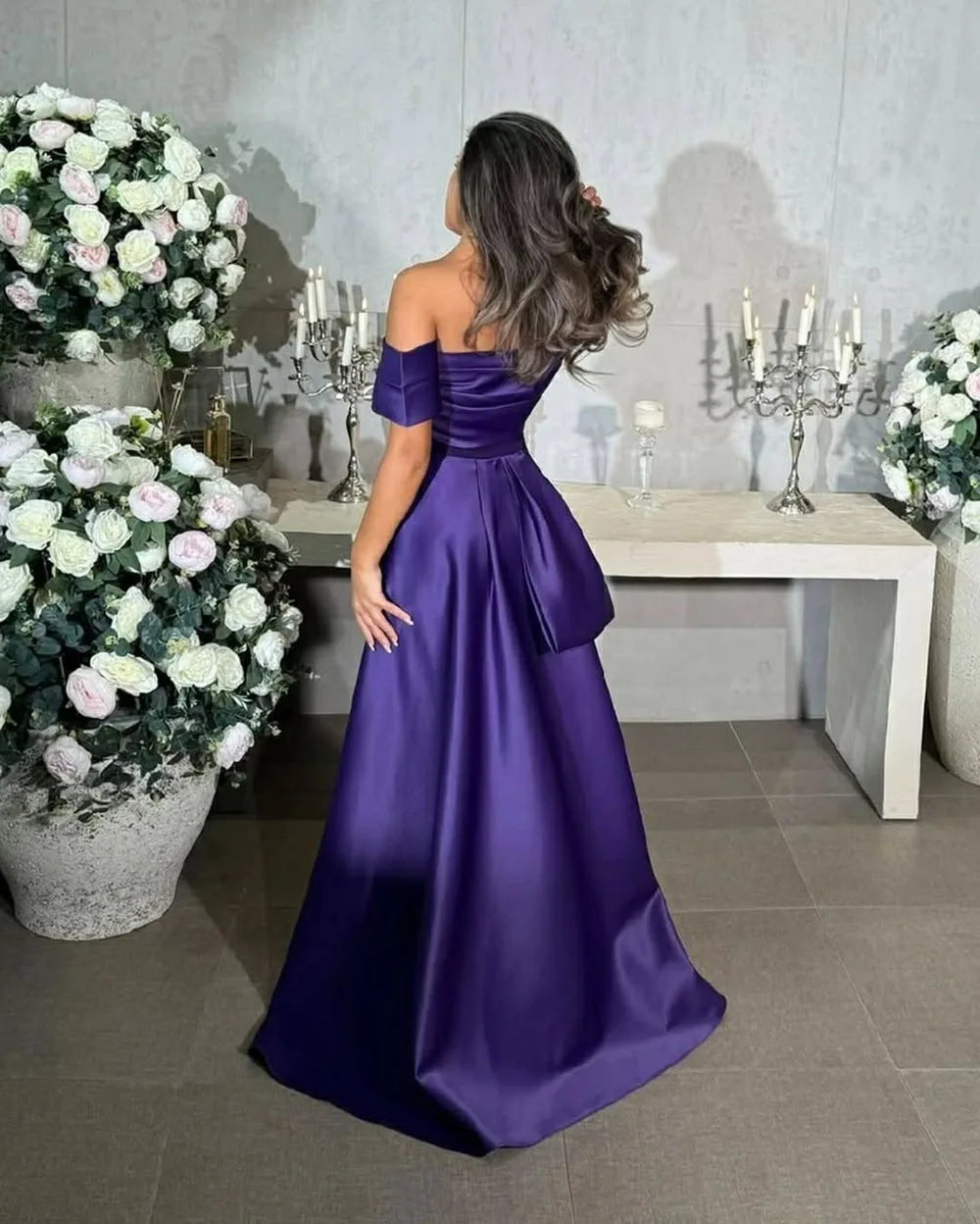 2025 Off Shoulder Evening Dress Purple Satin Formal Gown Slit Elegant Prom Dress Floor Length Party Dress Customizd