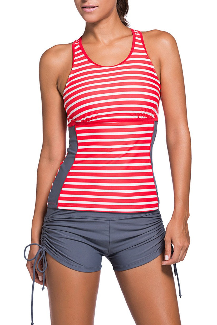 Red Active Striped Racerback Tankini and Swim Shorts