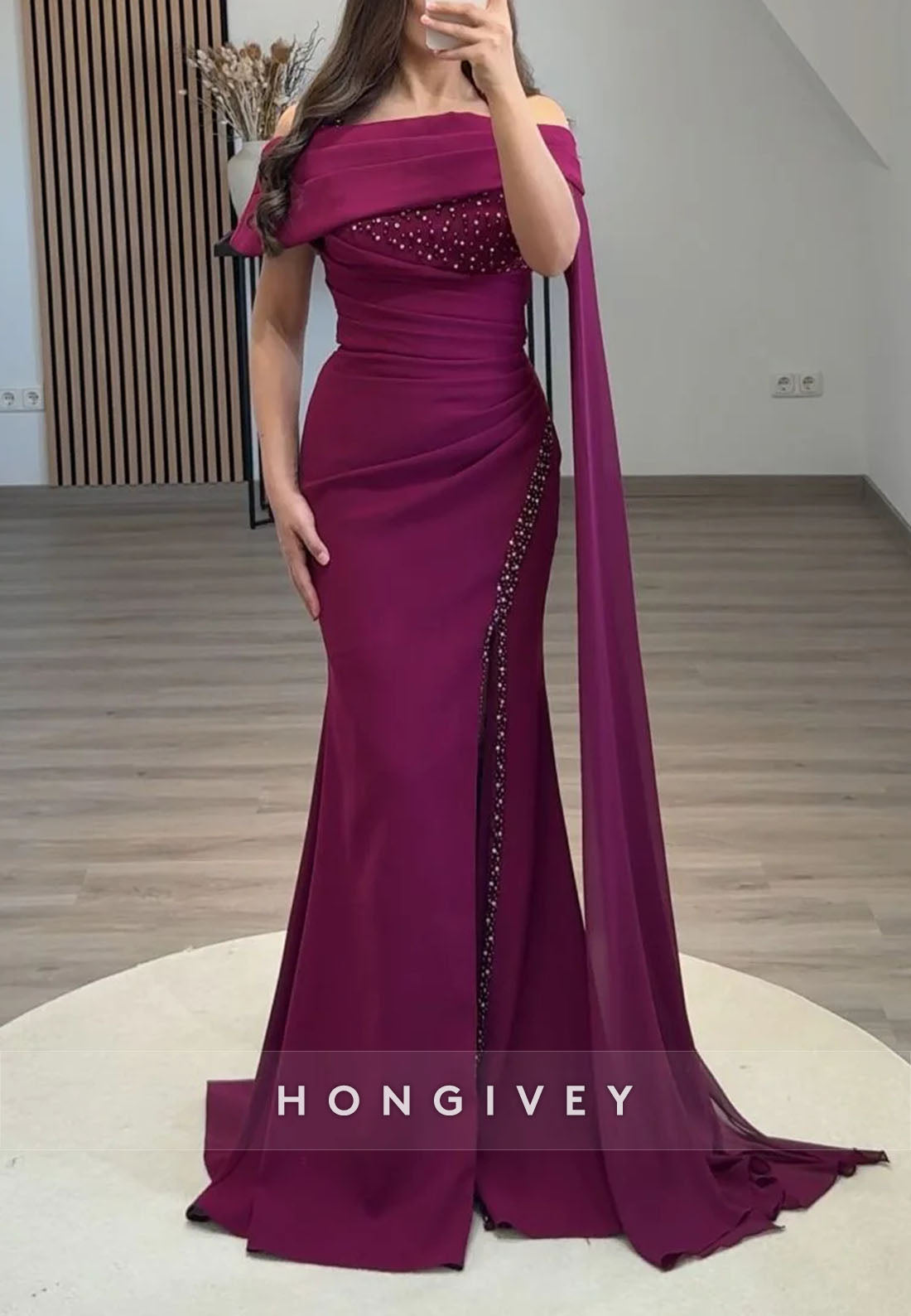 Side Draping Trumpet Evening Gown Floor-Length Off the Shoulder Beading Formal Dresses