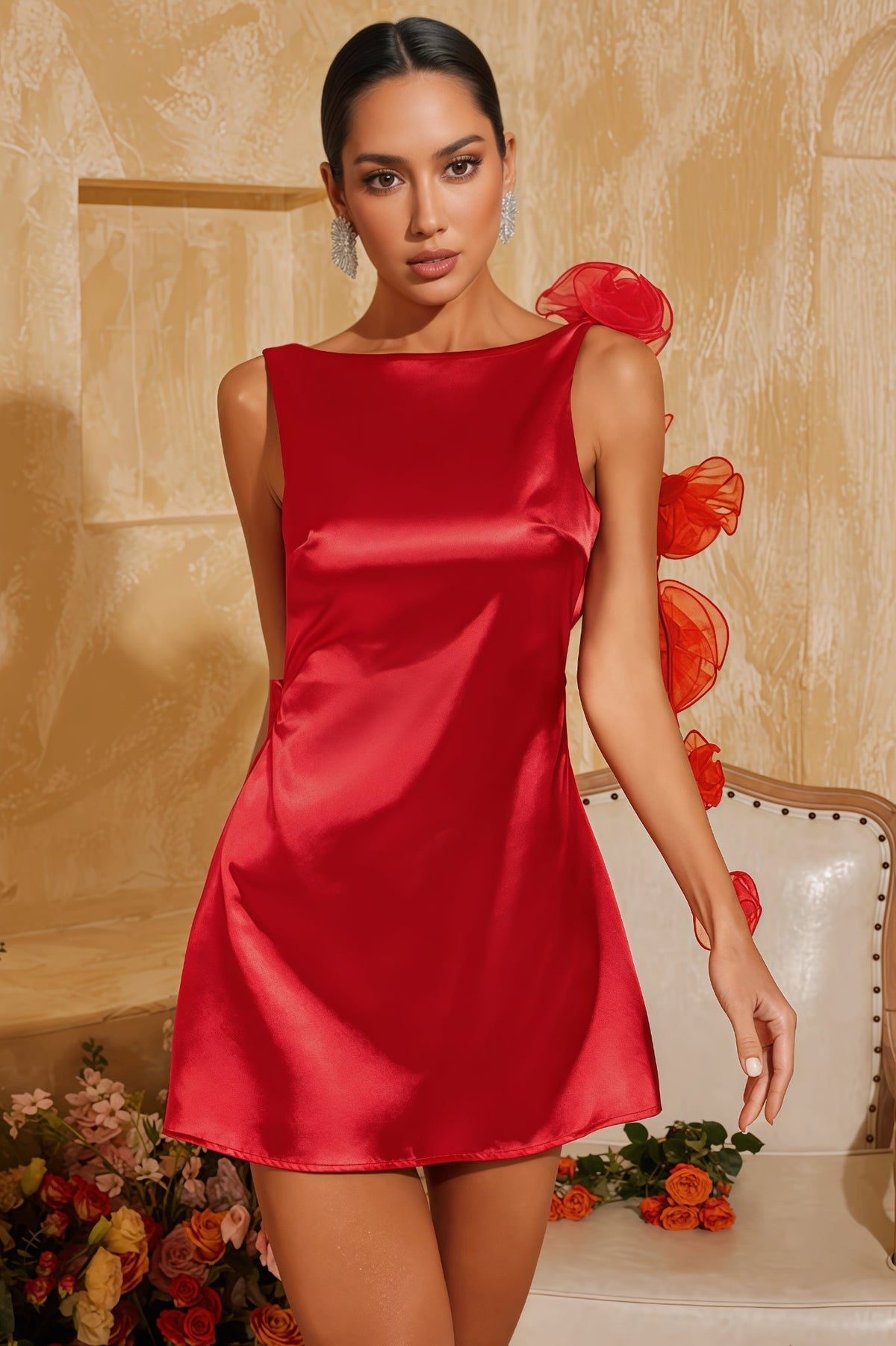 Satin Boat Neck 3D Rose Flower Backless A-Line Mini Dress