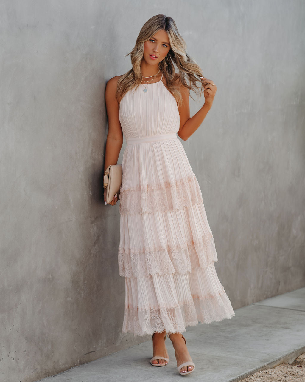 Pleated Lace Halter Neck Tiered Maxi Dress