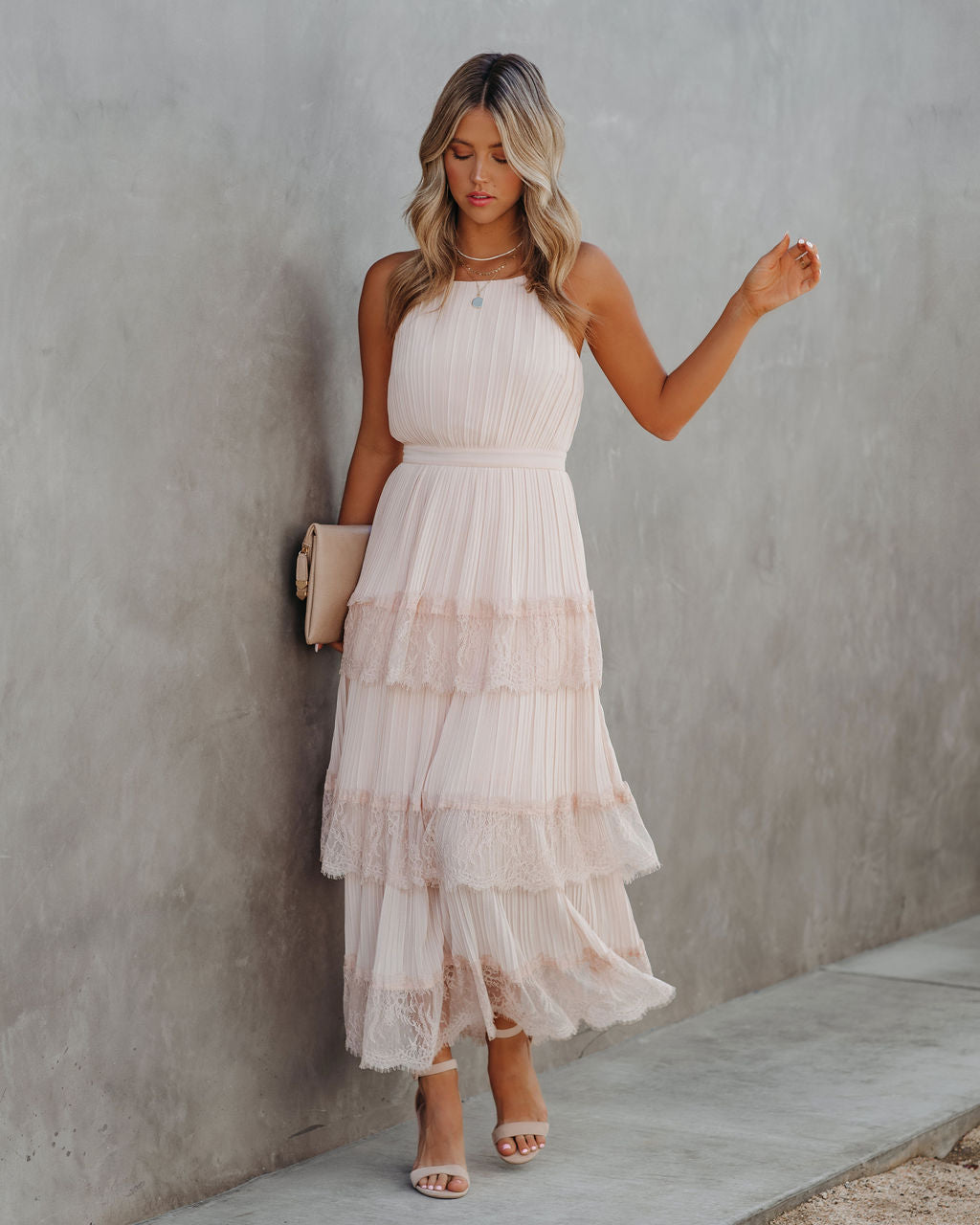 Pleated Lace Halter Neck Tiered Maxi Dress