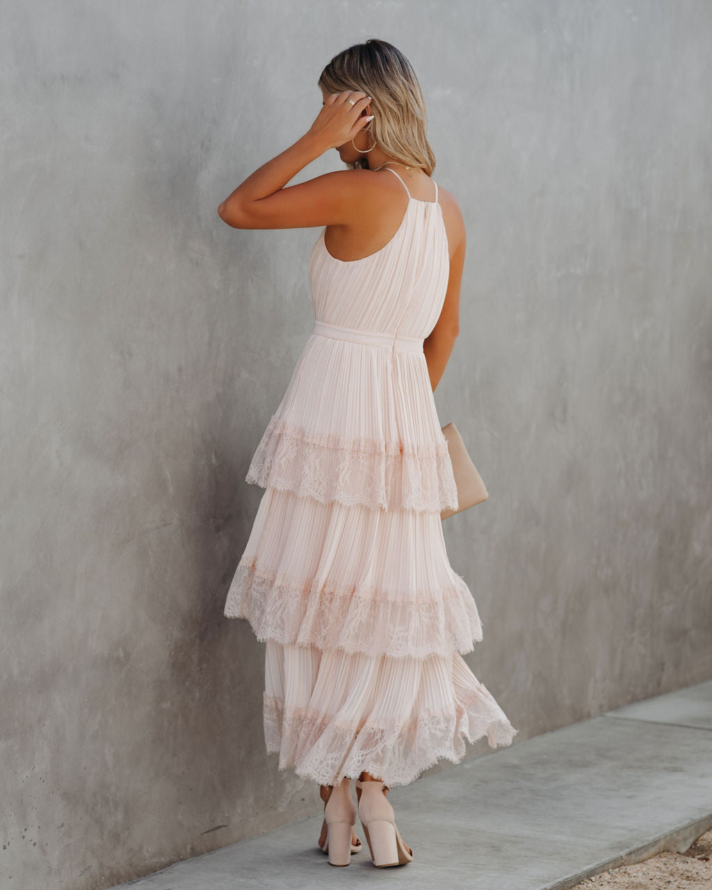 Pleated Lace Halter Neck Tiered Maxi Dress