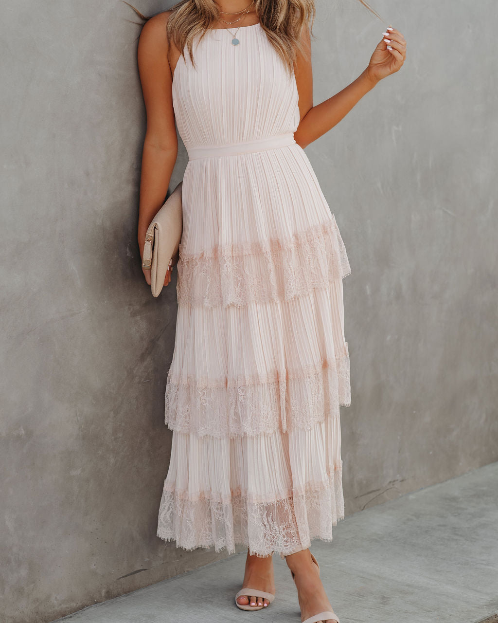 Pleated Lace Halter Neck Tiered Maxi Dress