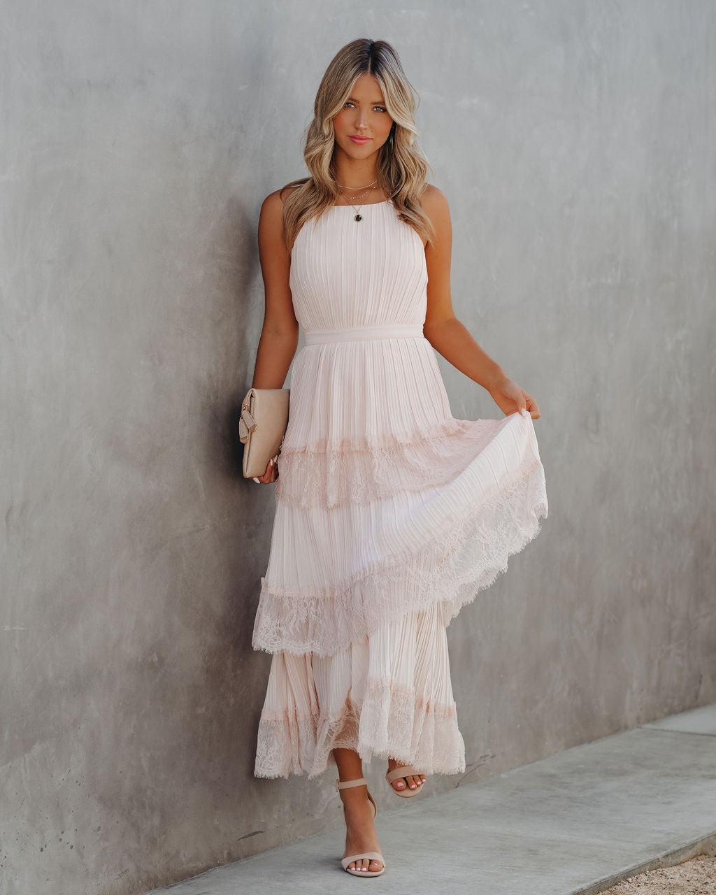 Pleated Lace Halter Neck Tiered Maxi Dress