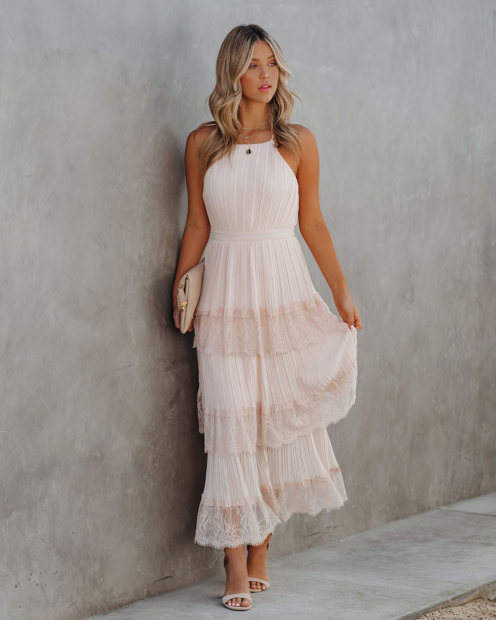 Pleated Lace Halter Neck Tiered Maxi Dress