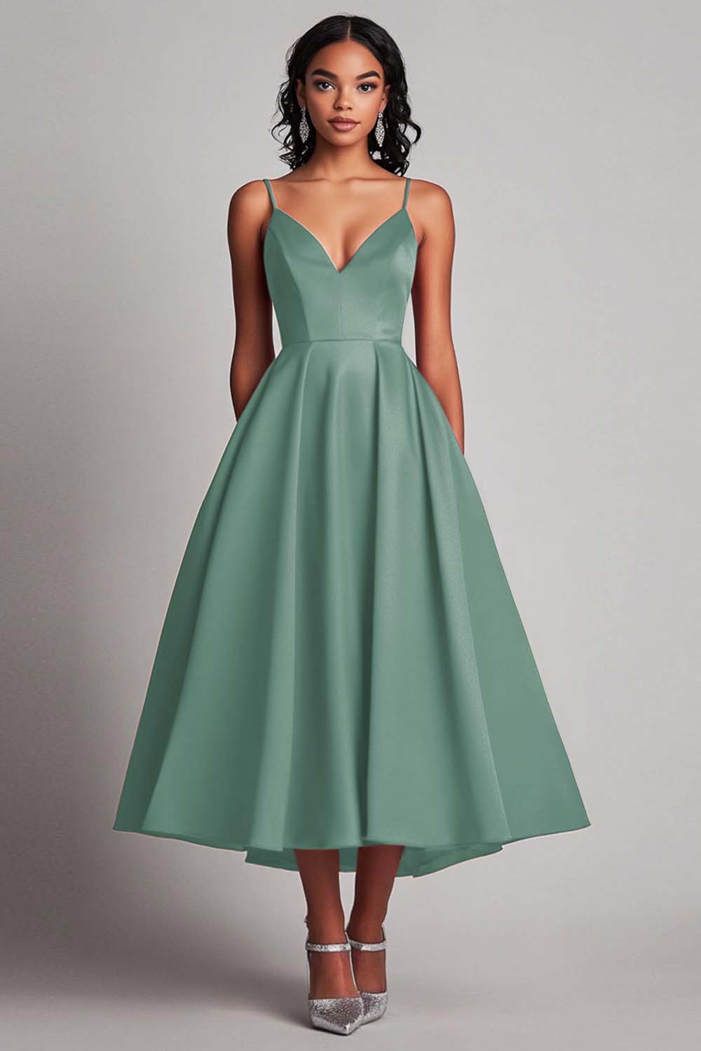 Red Satin A-Line Tea Length Formal Dress - Fashionpara