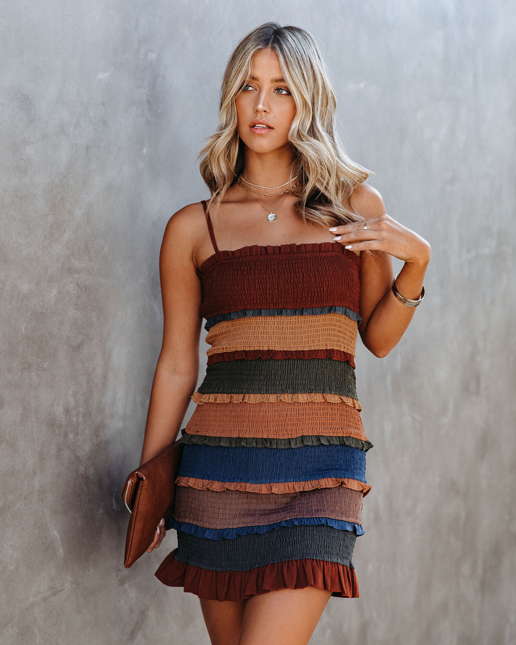 Shirred Straight Neck Tiered Ruffle Mini Dress