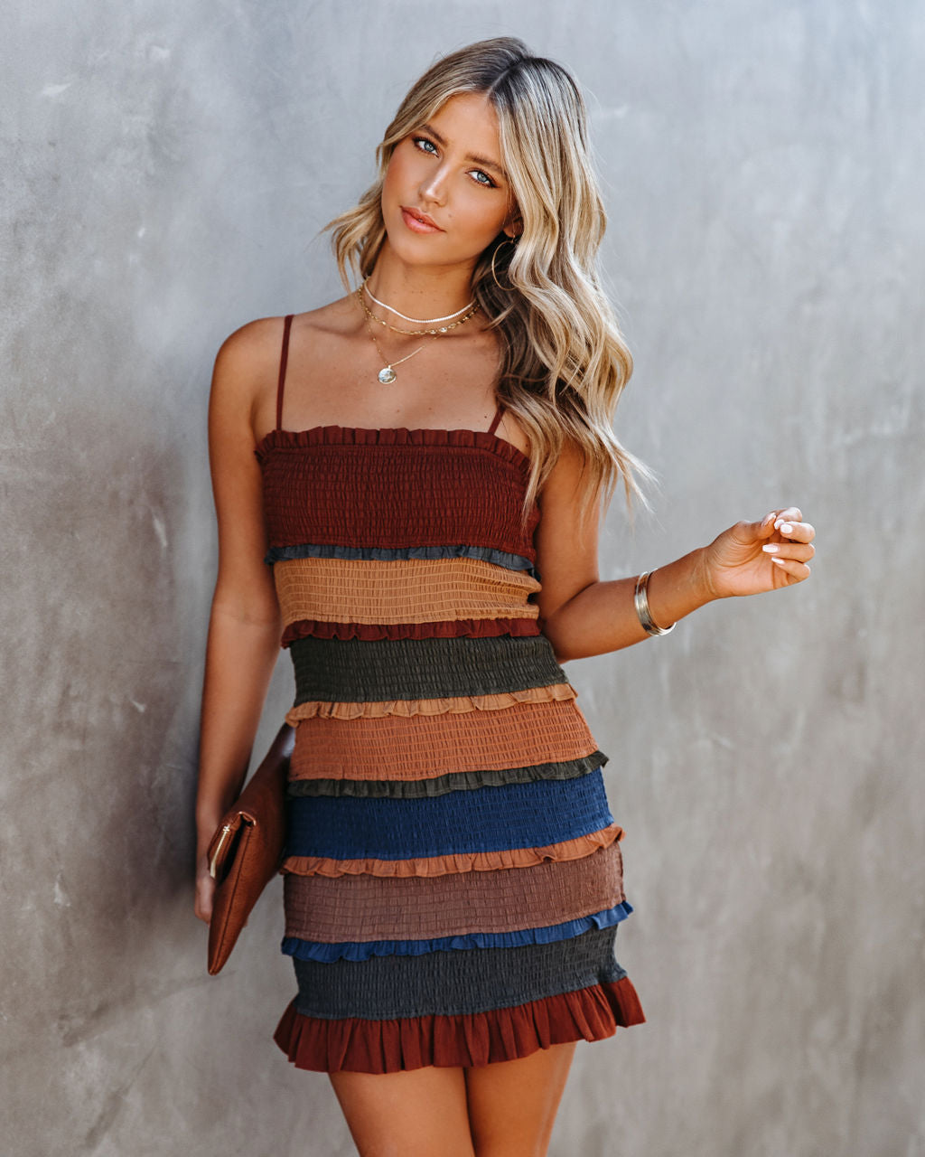 Shirred Straight Neck Tiered Ruffle Mini Dress