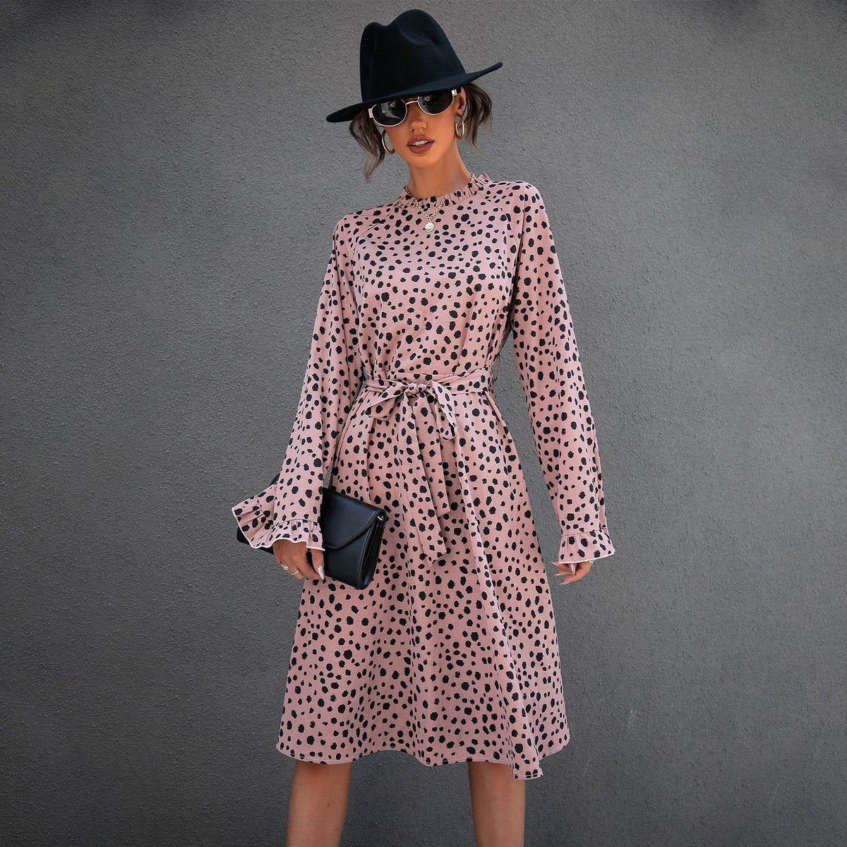 KittenAlarm - All Over Leopard Print Flounce Sleeve Belted Dress