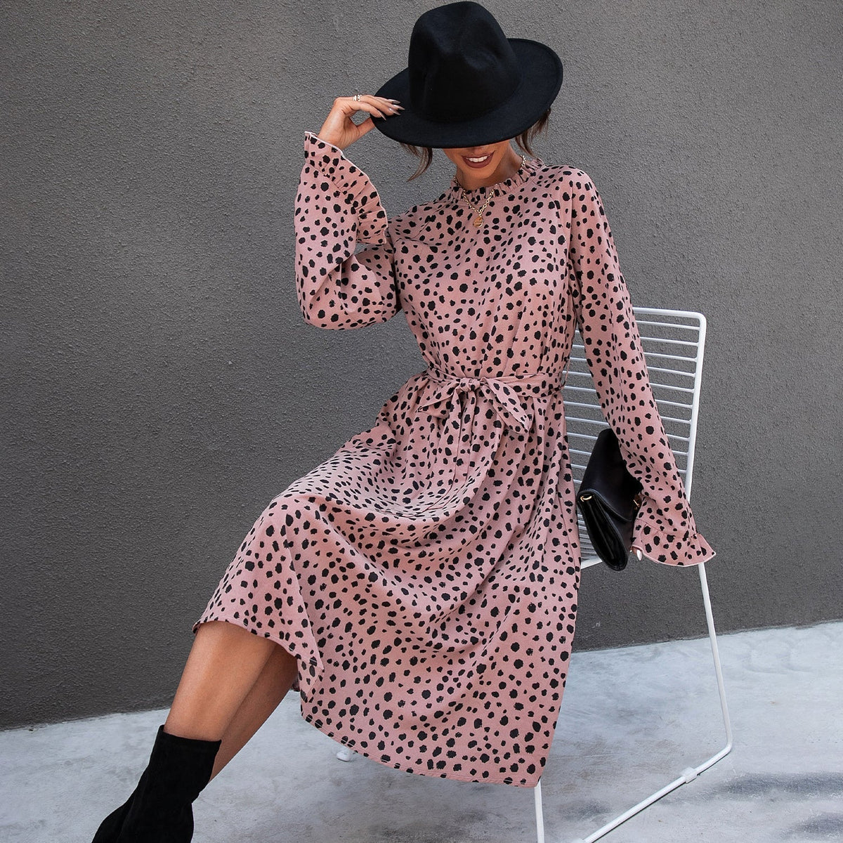 KittenAlarm - All Over Leopard Print Flounce Sleeve Belted Dress