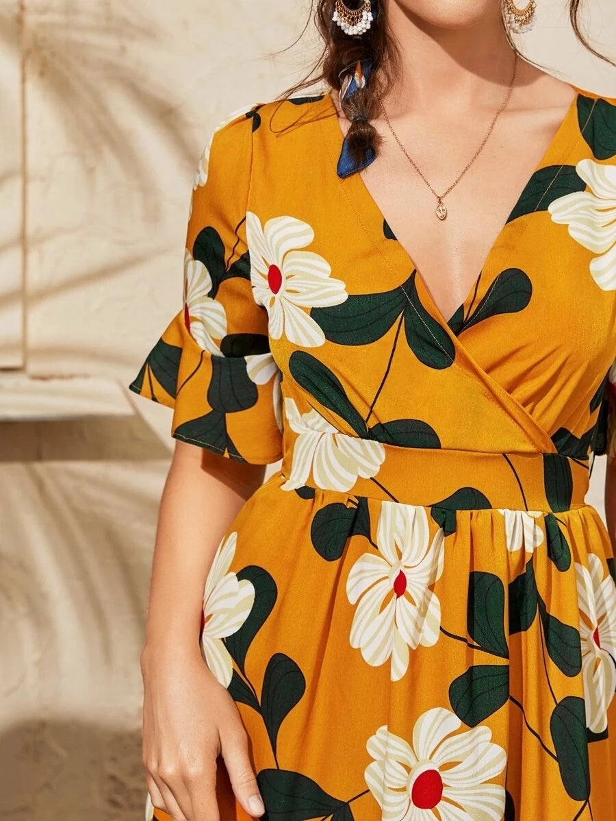 KittenAlarm - Allover Floral Print Surplice Neck Ruffle Hem Dress