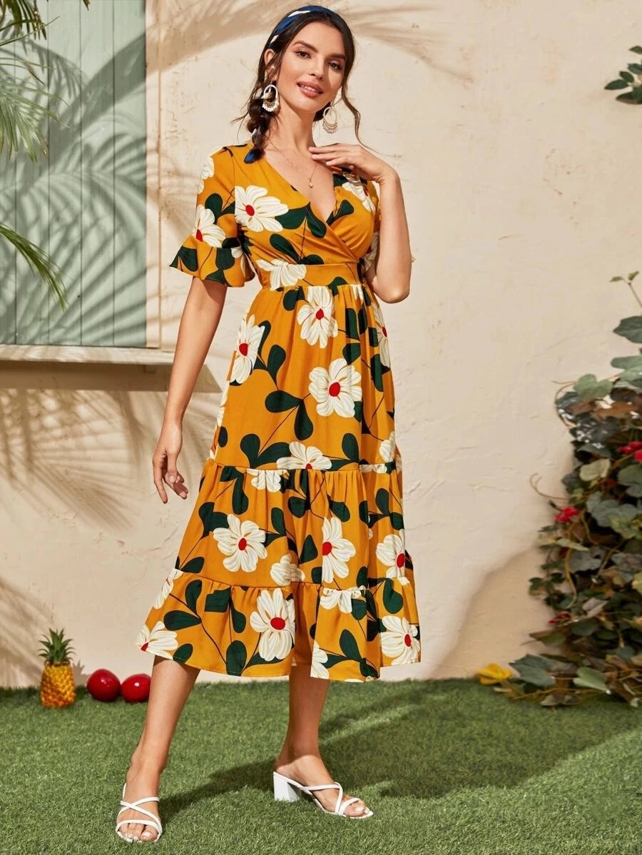 Floral Print V-Neck Flutter Sleeve Tiered Midi Dress