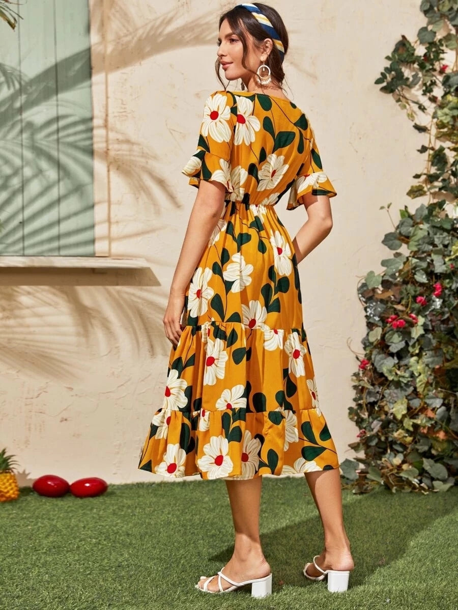 Floral Print V-Neck Flutter Sleeve Tiered Midi Dress
