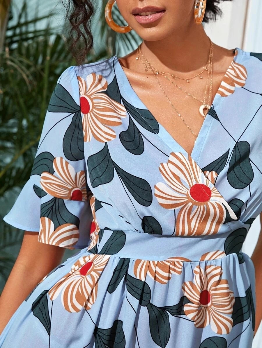 KittenAlarm - Allover Floral Print Surplice Neck Ruffle Hem Dress
