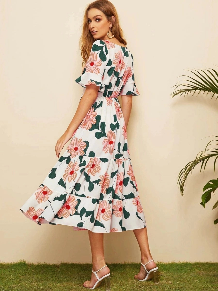KittenAlarm - Allover Floral Print Surplice Neck Ruffle Hem Dress