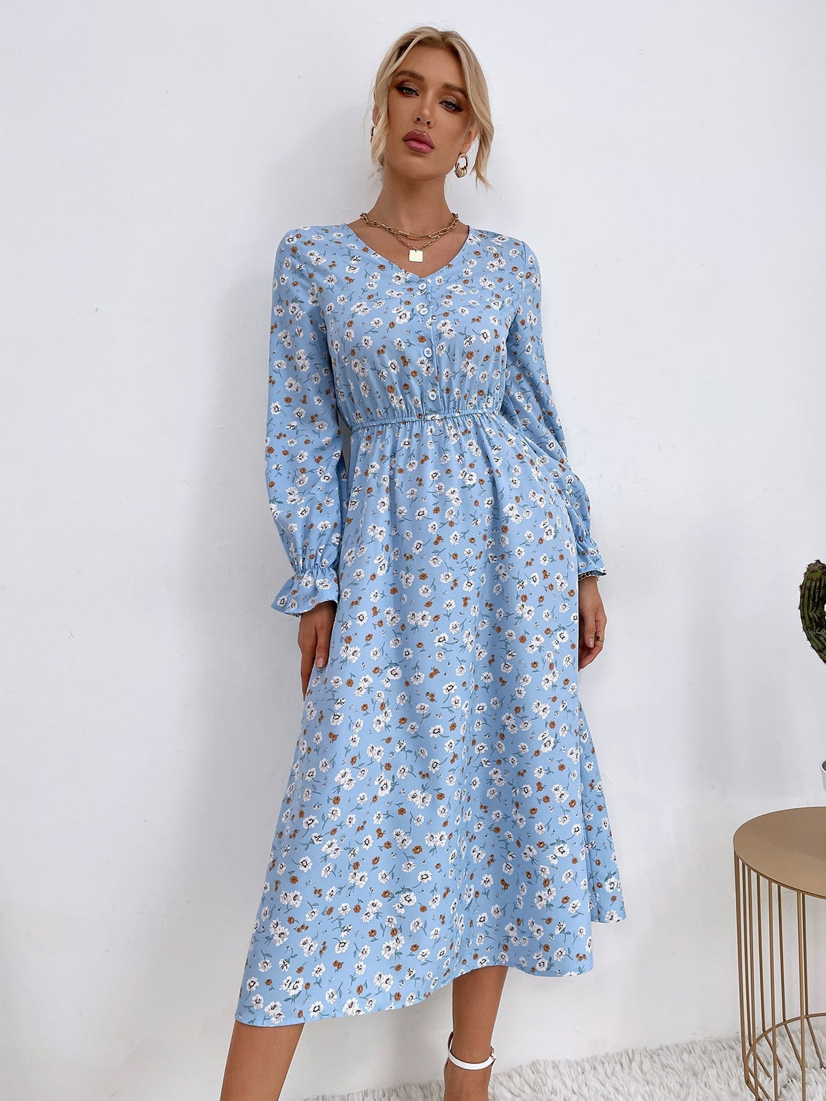 Ditsy Floral V-Neck Long Sleeve Button Midi Dress