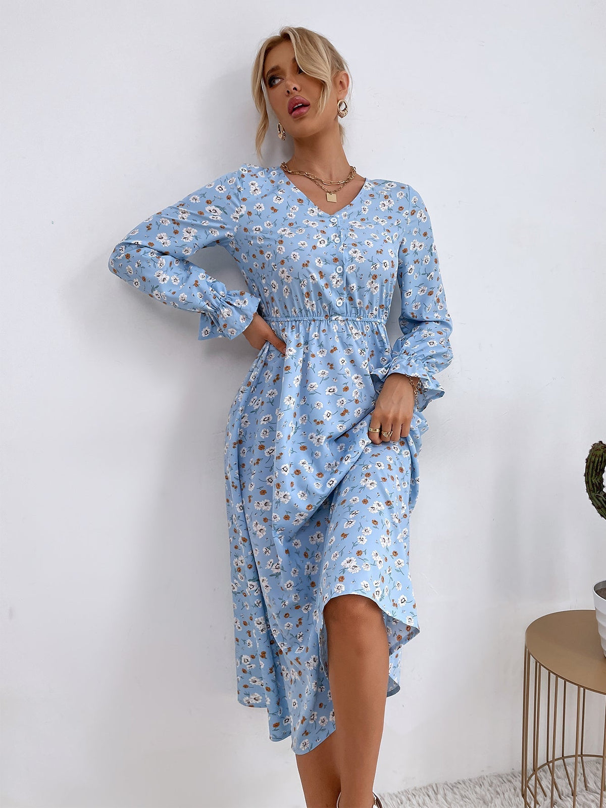 Ditsy Floral V-Neck Long Sleeve Button Midi Dress